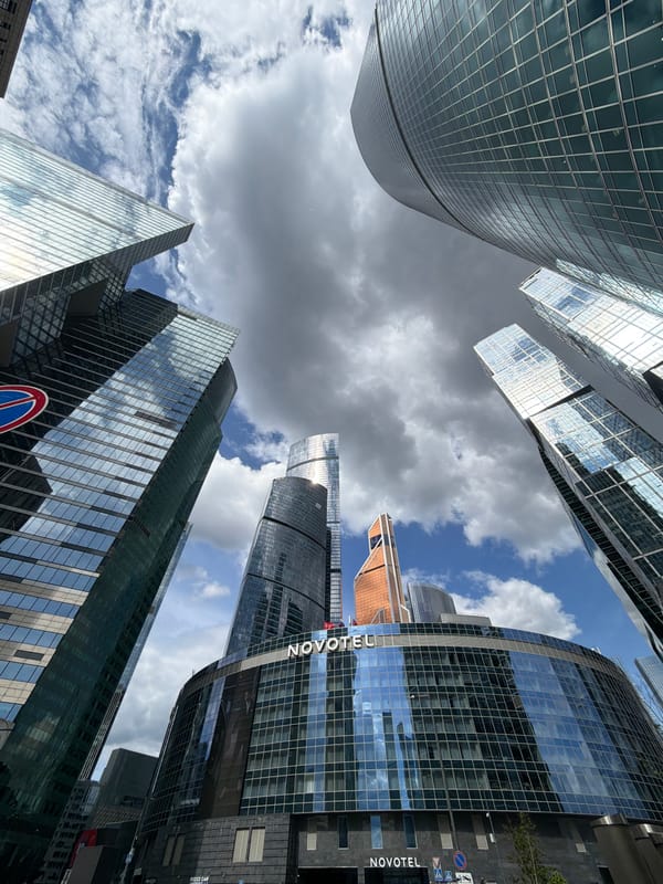 Modern Moscow skyscrapers including Novotel building photographed from street level
