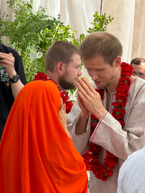 Spiritual gathering with robed participants in Zhirnosovo, Russia