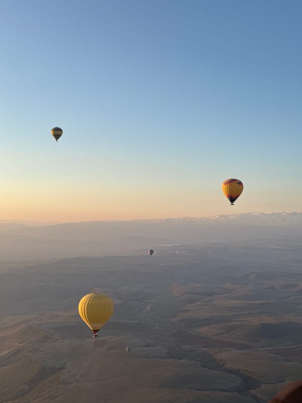 Dawn hot air balloon flight documented over Yeşilhisar Turkey