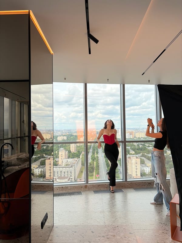 High-rise apartment photoshoot overlooking Saint Petersburg skyline