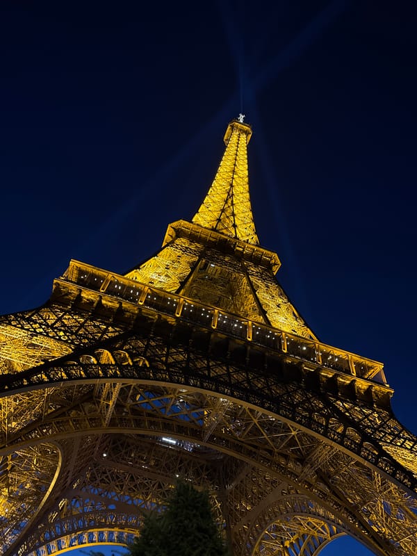 Evening at the Eiffel Tower, golden lights and a crowd on the grass
