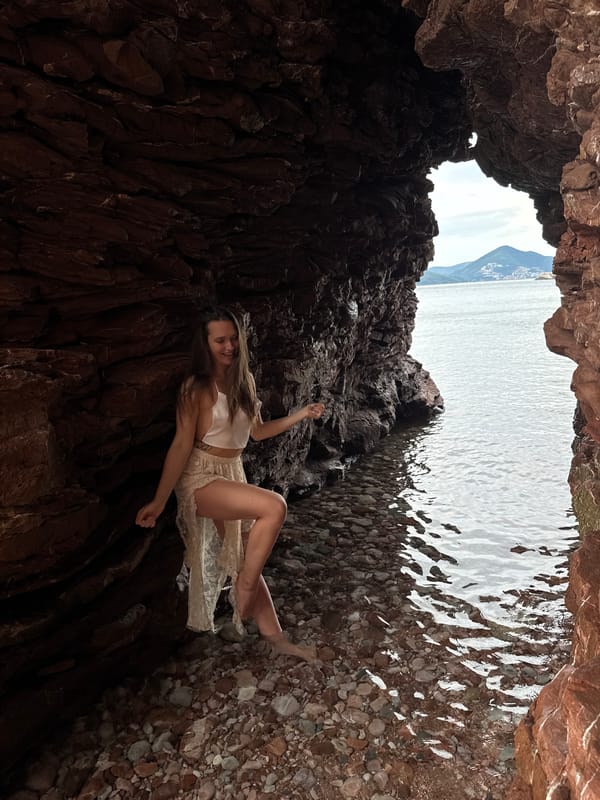 Rocky shores and sea caves at Sveti Stefan, Montenegro