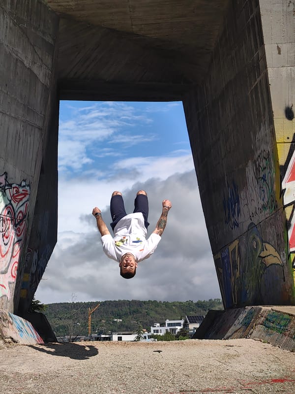 Man performs backflip at concrete structure in Varna
