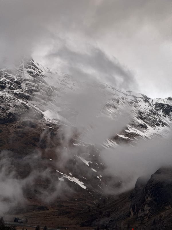 Misty alpine landscape observed near Pontresina, Swiss Alps