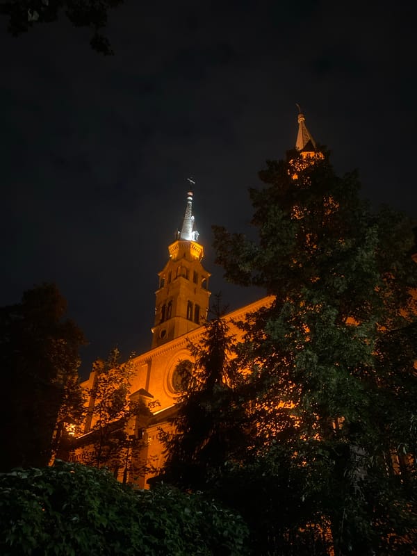 Warsaw church glows under warm night lighting