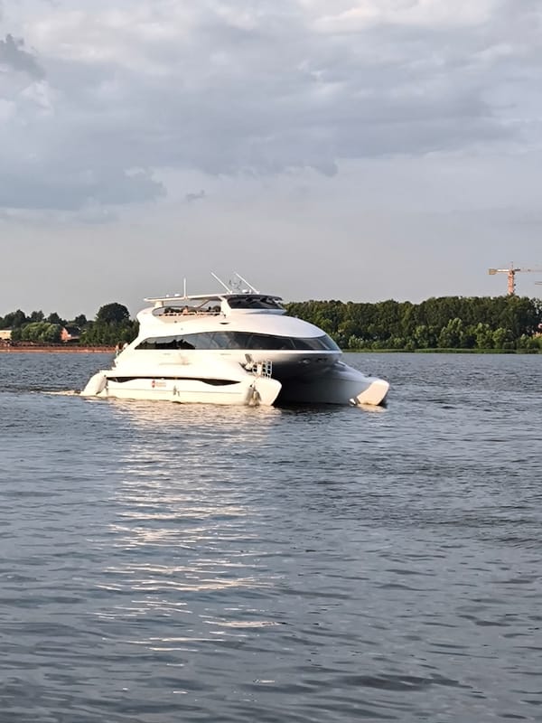 Vodohod catamaran cruising the Volga River in Yaroslavl