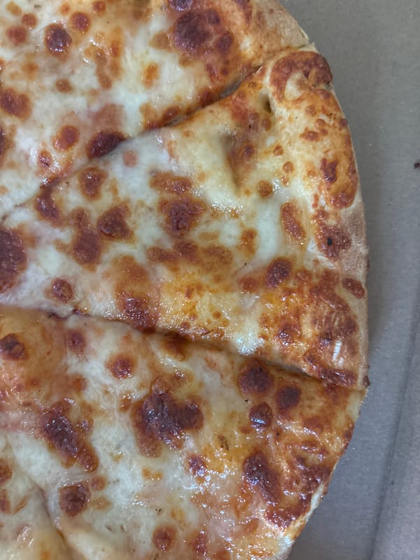 Cheese pizza documented in cardboard box in Sofia