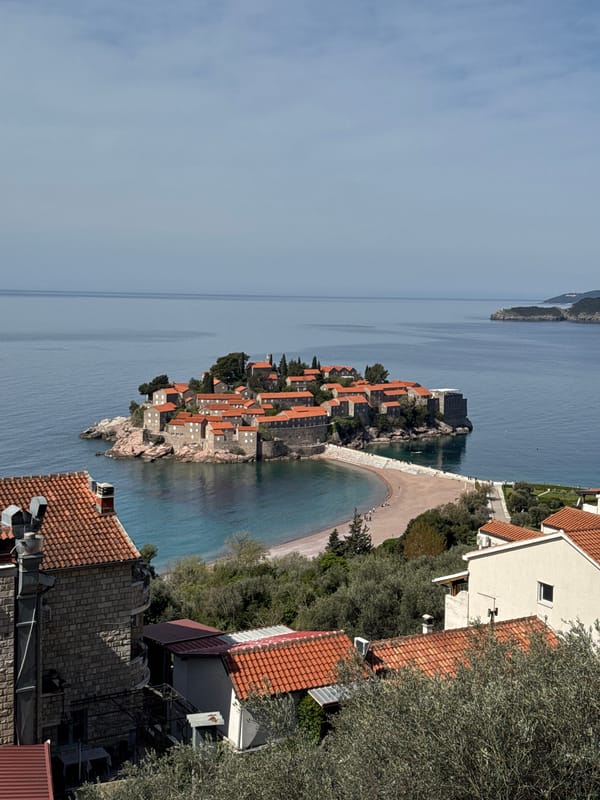 Aerial view captured of Sveti Stefan island village Montenegro