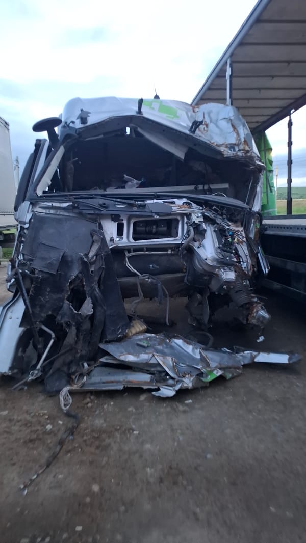 Severely wrecked semi-truck cab in Chernyshevsk, Russia