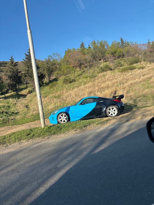 Sports car parked on roadside grass in Tbilisi hillside