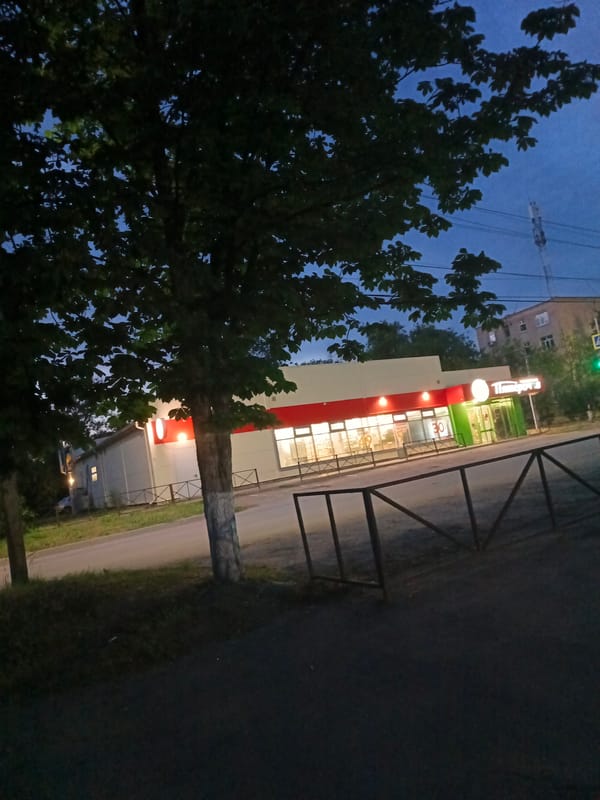 Dusk street corner with Cyrillic storefront and tree-lined sidewalk