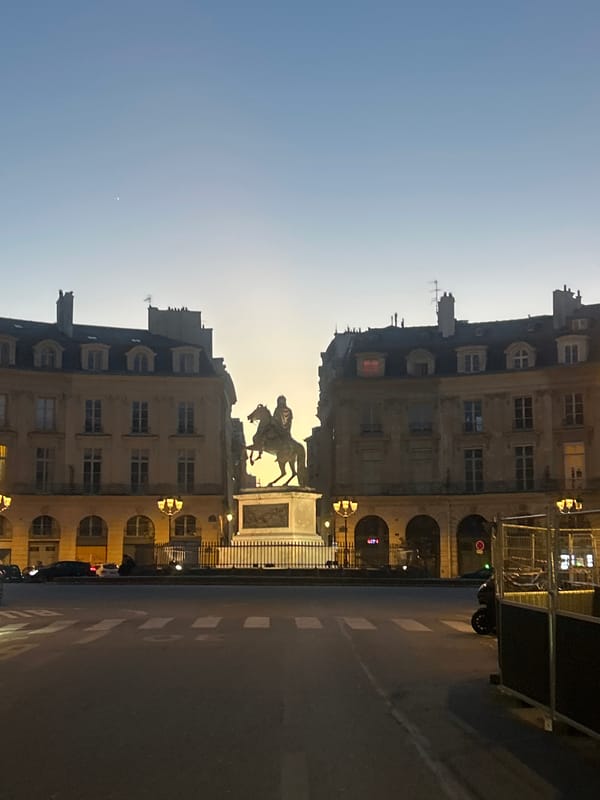 Urban evening scenes: statue at dusk, mirror selfie captured