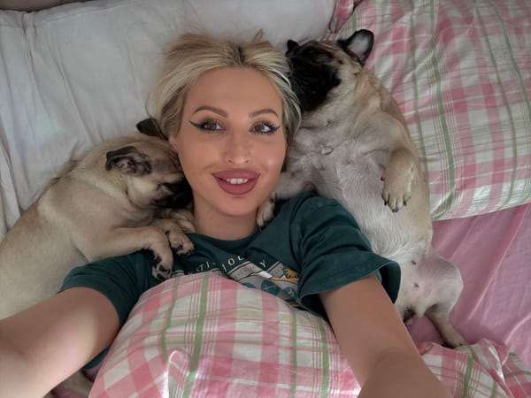 Bedroom selfies with pugs and outdoor magnolia bloom