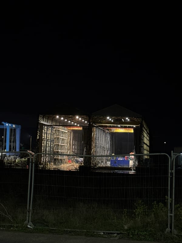 Industrial construction site illuminated in Gorleston-on-Sea