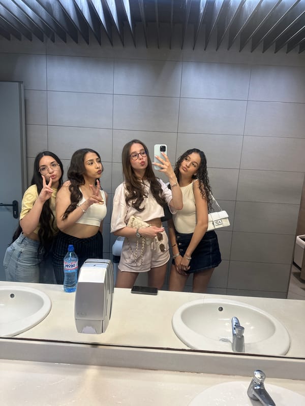 Young women take group mirror selfies in Blagoevgrad restroom
