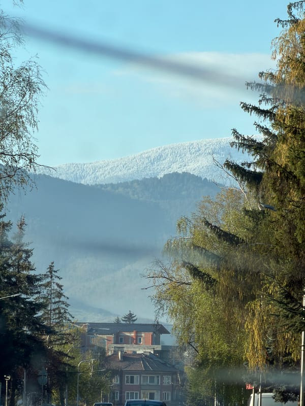 Early morning mountain view documented from vehicle in Velingrad