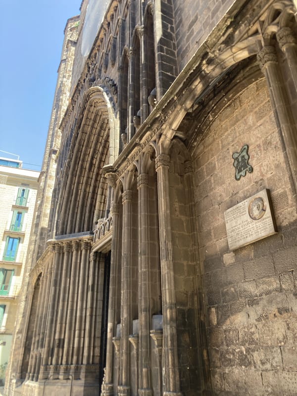 Gothic Quarter streets, cathedral views, and Christmas shops in Barcelona