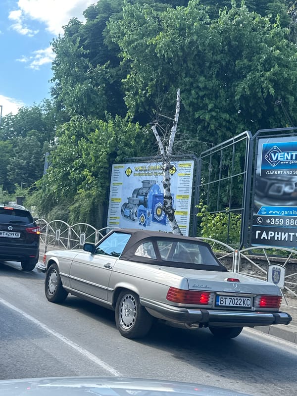 Mercedes convertible drives through Veliko Tarnovo streets