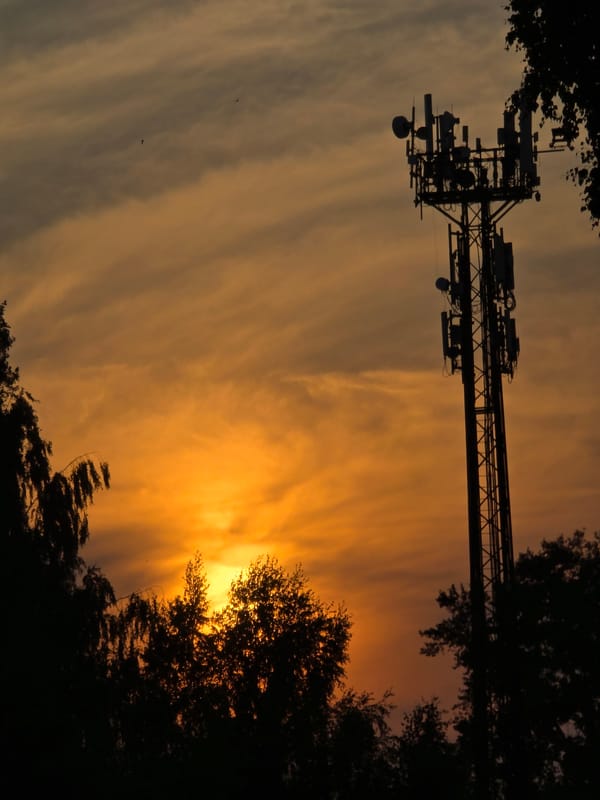 Sunset over Chaikovsky rail yard, cell tower and selfie