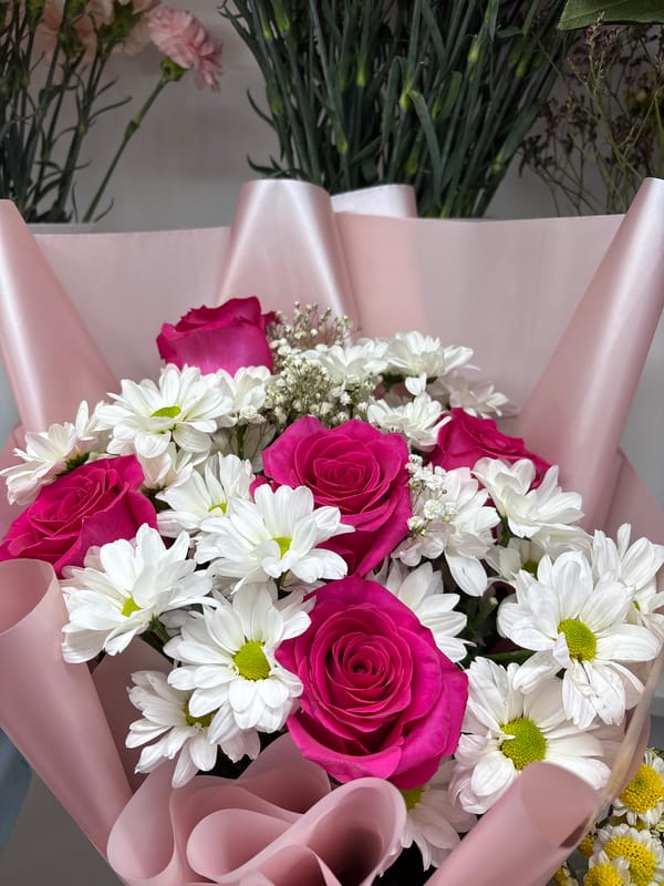 Flower bouquets displayed in Bolsheustyikinskoye, Russia