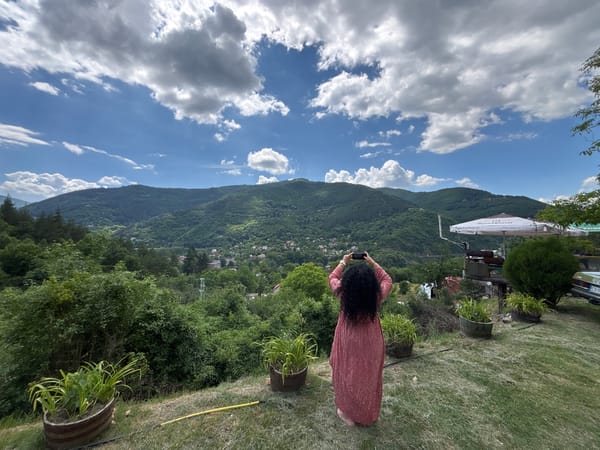 Couple taking in mountain views near Lukovo, Bulgaria