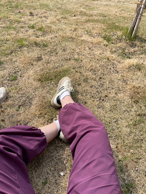 Person in purple pants sits on grass in Jinshui District