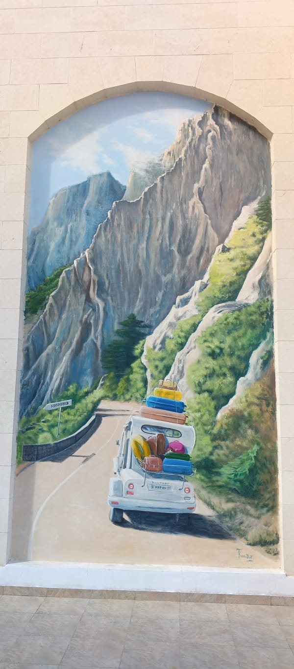 Flowers, fruit, a seagull, and a road-trip mural