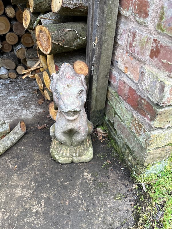 Garden ornaments and spring flowers documented in Pulverbatch village