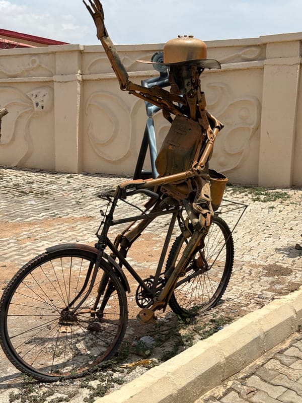 Recycled metal art sculptures displayed outdoors in Abuja