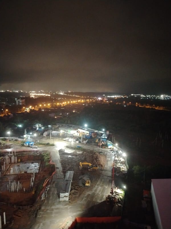 Nighttime construction site in Yekaterinburg, viewed from above