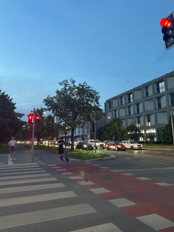 Evening stroll through a city neighborhood at dusk