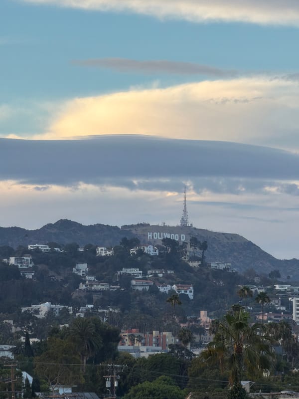 West Hollywood skyline and Hollywood Sign on a cloudy morning