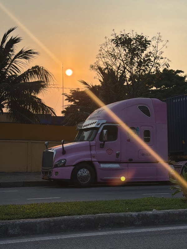 Pink semi-truck parked roadside in Đà Nẵng, Vietnam