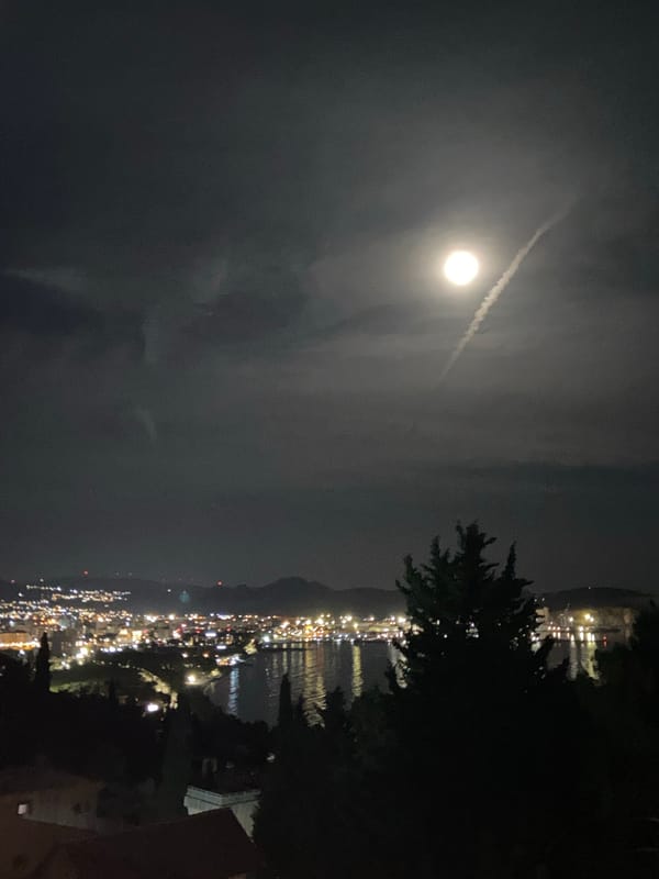 Full moon illuminates coastal Šušanj, Montenegro on quiet night