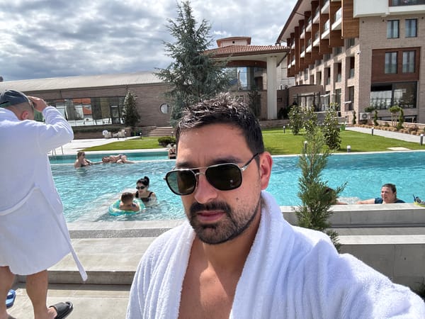 Tourist takes selfie at Bulgaria resort pool