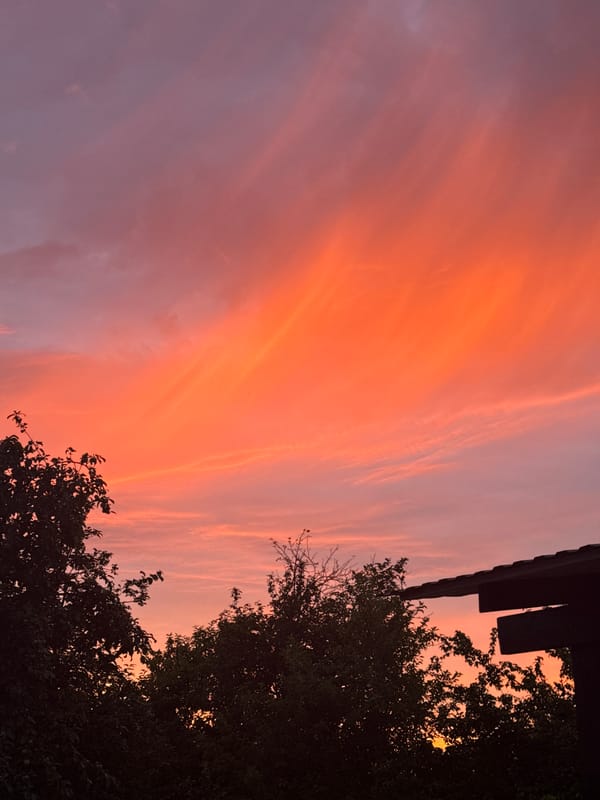Summer solstice sunset and double rainbow, multiple angles