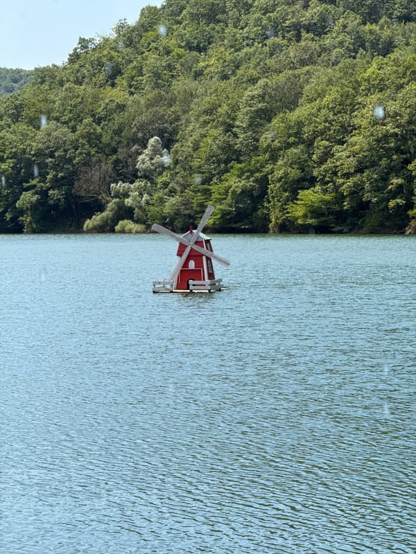 Quiet lakeside scene with wooden structures and a decorative windmill, Şile