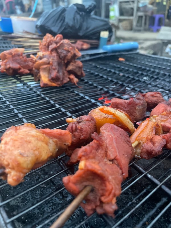 Marinated meat skewers over charcoal on Rukuba Road