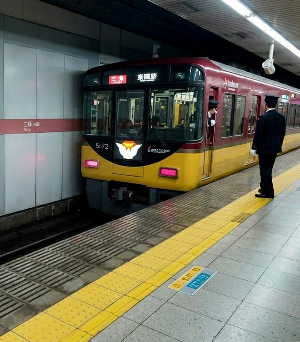 Train arrives at Sanjo Station underground platform in Kyoto