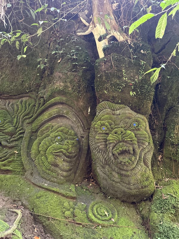 Tourist documents Balinese temples and Tegenungan Waterfall in Gianyar