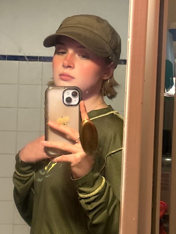 Person takes bathroom mirror selfie in military-style clothing