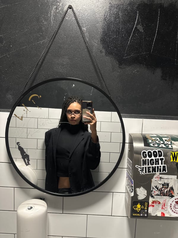 Mirror selfie taken in London public restroom facility