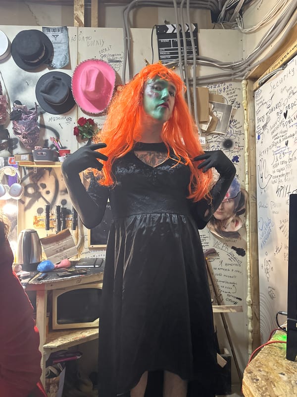 Costumed performers gather in decorated space in Saratov