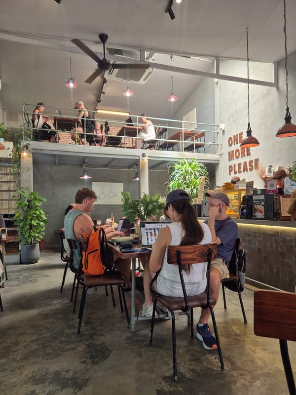Morning café scene in Đà Nẵng, complete with a social poodle