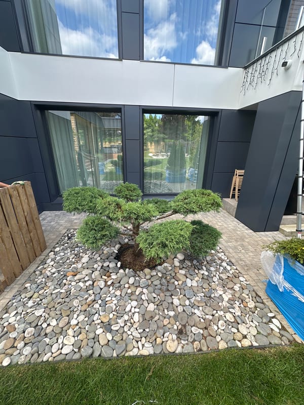 Manicured garden and bubble-wrapped planters at a Russian residence