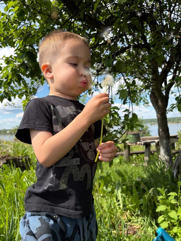 Child plays with bubbles and dandelions in Russian village