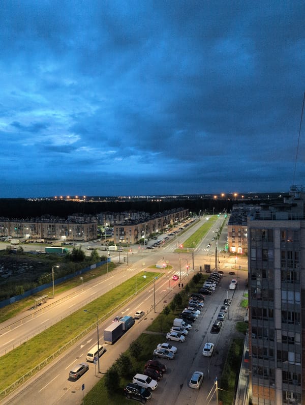 Saint Petersburg residential outskirts at summer twilight, from above