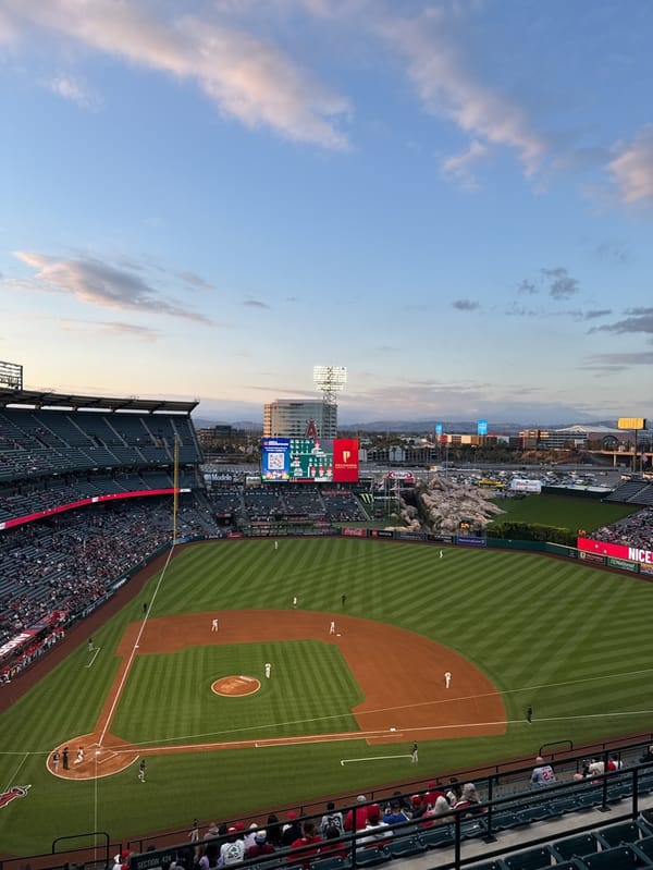 Baseball game underway at Angel Stadium, Anaheim