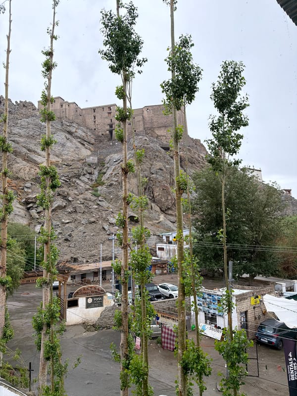 Rainy day at a Leh hillside fortress under cloudy skies