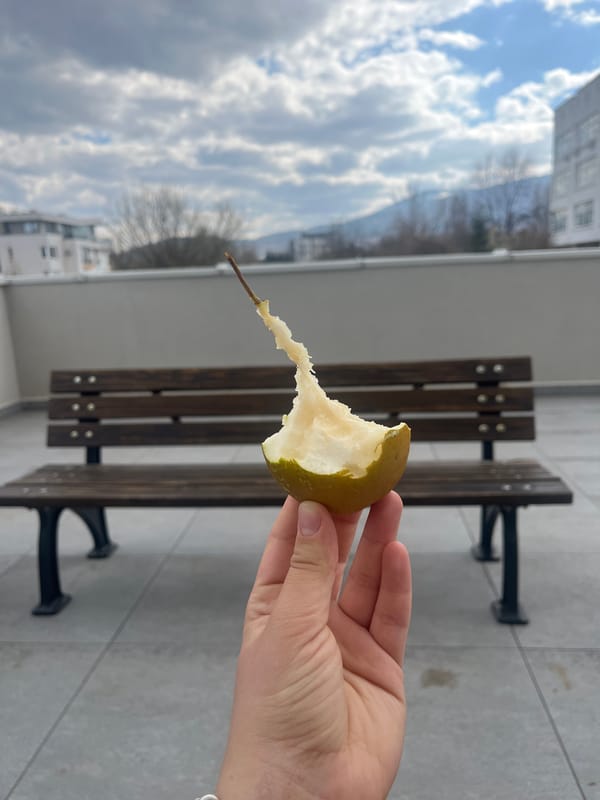 Person documents eating pear at Sofia university campus